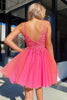 Load image into Gallery viewer, Hot Pink A-Line Spaghetti Straps Tulle Homecoming Dress with Lace