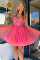 Load image into Gallery viewer, Hot Pink A-Line Spaghetti Straps Tulle Homecoming Dress with Lace