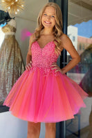 Load image into Gallery viewer, Hot Pink A-Line Spaghetti Straps Tulle Homecoming Dress with Lace