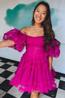 A-Line Fuchsia Corset Puff Sleeves Homecoming Dress with Ruffles