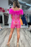 Load image into Gallery viewer, Sparkly Fuchsia Off The Shoulder Sequined Homecoming Dress with Feathers