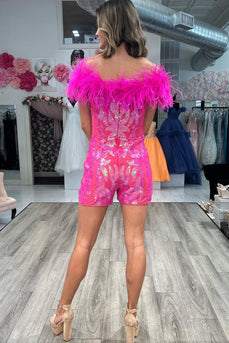 Sparkly Fuchsia Off The Shoulder Sequined Homecoming Dress with Feathers