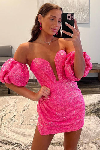 Sparkly Fuchsia Sweetheart Tight Homecoming Dress with Detachable Sleeves