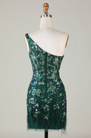Load image into Gallery viewer, Dark Green One Shoulder Bodycon Sequined Homecoming Dress with Feather