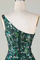 Load image into Gallery viewer, Dark Green One Shoulder Bodycon Sequined Homecoming Dress with Feather