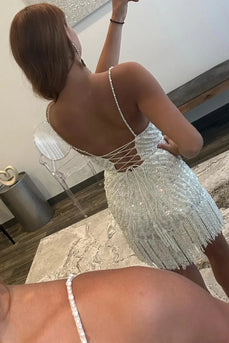 Sparkly White Bodycon Beaded Short Homecoming Dress with Fringes