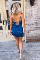 Load image into Gallery viewer, Sparkly Peacock Blue Beaded Tight Short Homecoming Dress with Fringes
