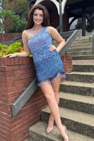 Load image into Gallery viewer, Sparkly Blue One Shoulder Bodycon Sequined Homecoming Dress with Fringes