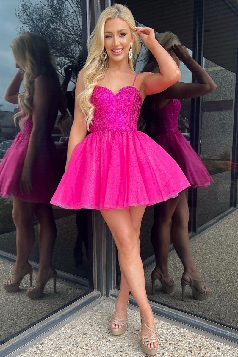 Load image into Gallery viewer, Sparkly Fuchsia A-Line Beaded Corset Tulle Homecoming Dress