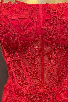 Red Strapless Corset Tight Homecoming Dress with Lace