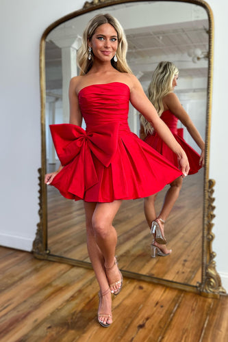 Red A Line Strapless Short Prom Dress With Bowknot