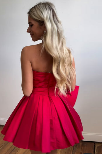 Red A Line Strapless Short Prom Dress With Bowknot