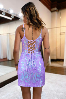 Sparkly Sheath Spaghetti Straps Lilac Sequins Short Homecoming Dress with Criss Cross Back