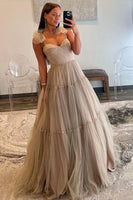 Load image into Gallery viewer, Khaki Spaghetti Straps A-Line Tulle Long Prom Dress with Bow