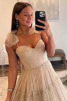 Load image into Gallery viewer, Khaki Spaghetti Straps A-Line Tulle Long Prom Dress with Bow