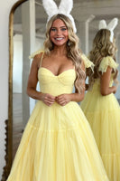 Load image into Gallery viewer, Khaki Spaghetti Straps A-Line Tulle Long Prom Dress with Bow