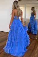 Load image into Gallery viewer, Blue A Line Strapless Corset Tiered Prom Dress with Slit