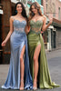 Load image into Gallery viewer, Green Spaghetti Straps Mermaid Corset Long Prom Dress with Slit