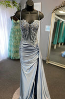 Load image into Gallery viewer, Spaghetti Straps Mermaid Silver Corset Ruched Prom Dress With Slit