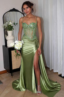 Load image into Gallery viewer, Spaghetti Straps Mermaid Silver Corset Ruched Prom Dress With Slit
