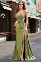 Load image into Gallery viewer, Green Spaghetti Straps Mermaid Corset Long Prom Dress with Slit