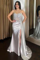 Load image into Gallery viewer, Mermaid Silver Spaghetti Straps Corset Ruched Prom Dress With Slit