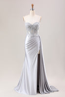 Load image into Gallery viewer, Mermaid Silver Spaghetti Straps Corset Ruched Prom Dress With Slit