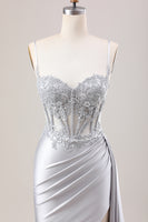 Load image into Gallery viewer, Mermaid Silver Spaghetti Straps Corset Ruched Prom Dress With Slit