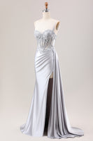 Load image into Gallery viewer, Mermaid Silver Spaghetti Straps Corset Ruched Prom Dress With Slit