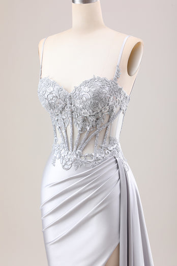 Mermaid Silver Spaghetti Straps Corset Ruched Prom Dress With Slit