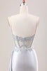 Load image into Gallery viewer, Mermaid Silver Spaghetti Straps Corset Ruched Prom Dress With Slit