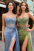 Load image into Gallery viewer, Green Spaghetti Straps Mermaid Corset Long Prom Dress with Slit
