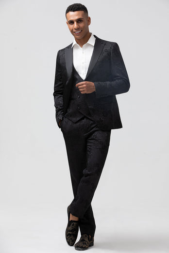 Peak Lapel Black 3 Piece Jacquard Men's Prom Suits