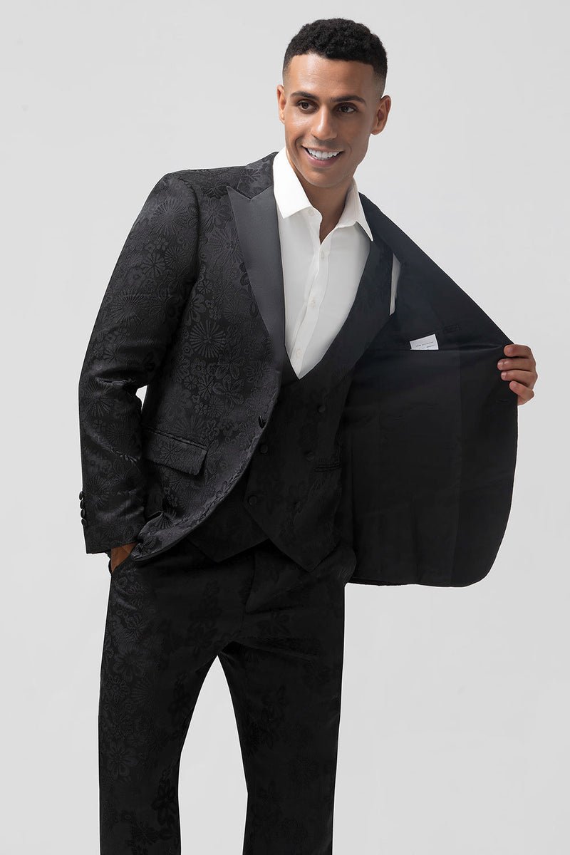 Load image into Gallery viewer, Peak Lapel Black 3 Piece Jacquard Men&#39;s Prom Suits