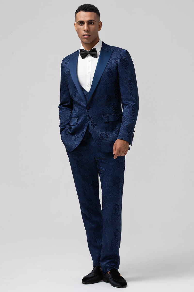 Load image into Gallery viewer, Peak Lapel Black 3 Piece Jacquard Men&#39;s Prom Suits