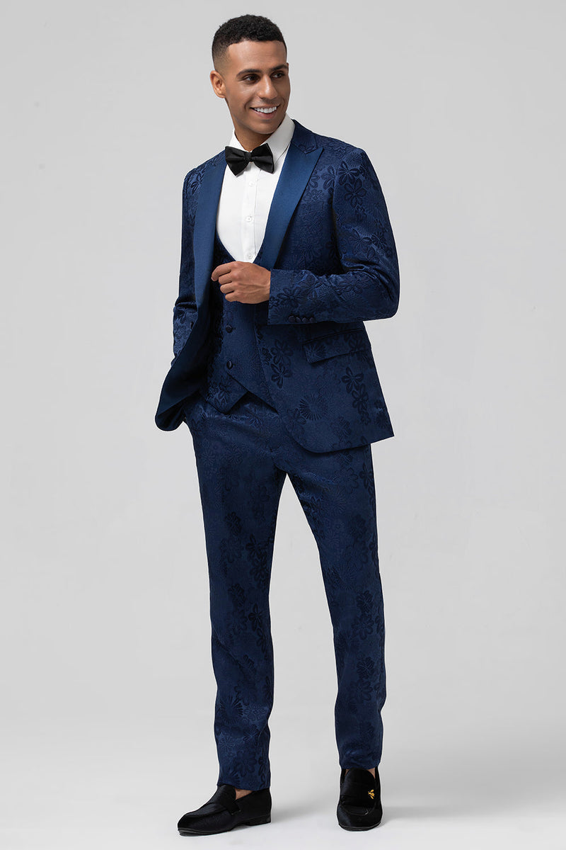 Load image into Gallery viewer, Peak Lapel Black 3 Piece Jacquard Men&#39;s Prom Suits