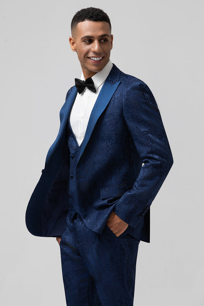 Load image into Gallery viewer, Peak Lapel Black 3 Piece Jacquard Men&#39;s Prom Suits