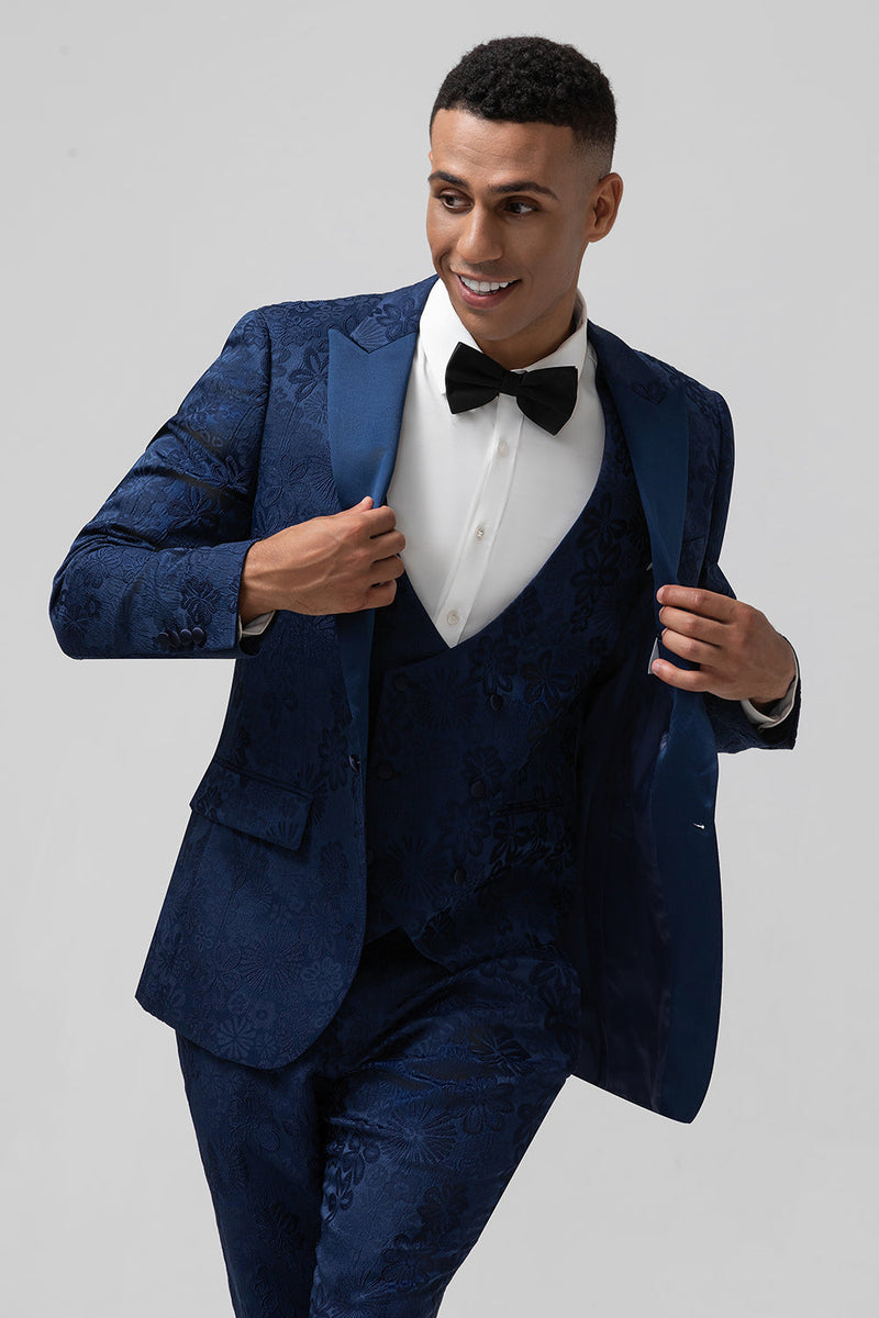 Load image into Gallery viewer, Peak Lapel Black 3 Piece Jacquard Men&#39;s Prom Suits