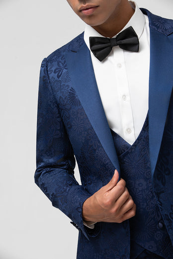 Peak Lapel Black 3 Piece Jacquard Men's Prom Suits