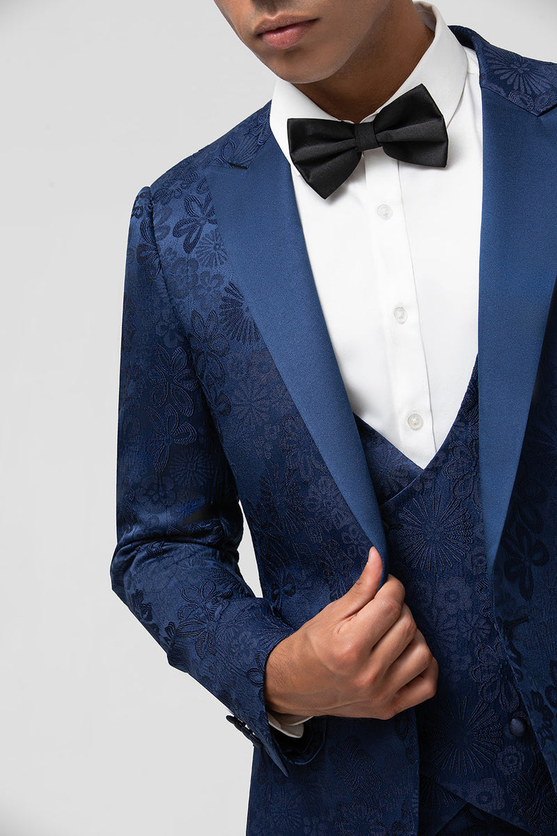 Load image into Gallery viewer, Peak Lapel Black 3 Piece Jacquard Men&#39;s Prom Suits