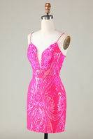 Load image into Gallery viewer, Fuchsia Spaghetti Straps Bodycon Homecoming Dress with Criss Cross Back