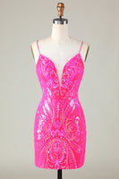 Load image into Gallery viewer, Fuchsia Spaghetti Straps Bodycon Homecoming Dress with Criss Cross Back