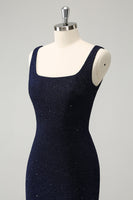 Load image into Gallery viewer, Dark Blue Square Neck Bodycon Mini Homecoming Dress with Slit