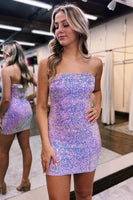 Load image into Gallery viewer, Glitter Purple Strapless Bodycon Homecoming Dress with Sequins