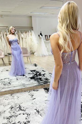 Mermaid Spaghetti Straps Purple Corset Prom Dress with Slit