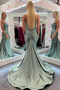 Mermaid Spaghetti Straps Green Long Prom Dress with Lace