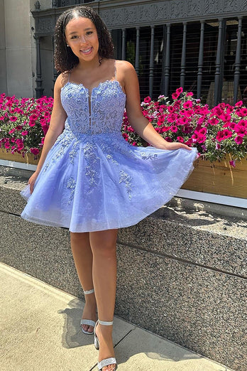 Spaghetti Straps Lavender A Line Short Homecoming Dress With Appliques