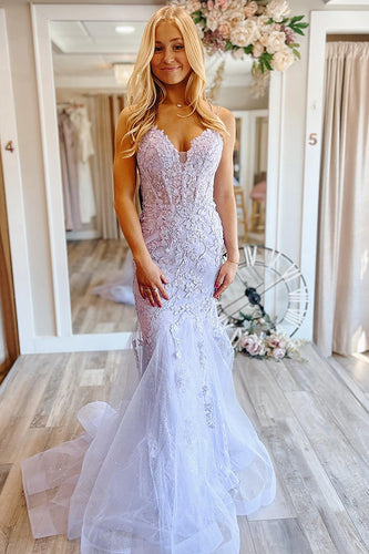 Lilac Mermaid Spaghetti Straps V Neck Corset Prom Dress with Appliques