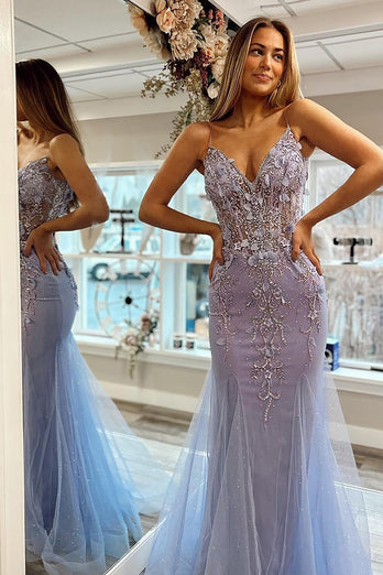 Mermaid Spaghetti Straps Lilac Corset Prom Dress with Beading