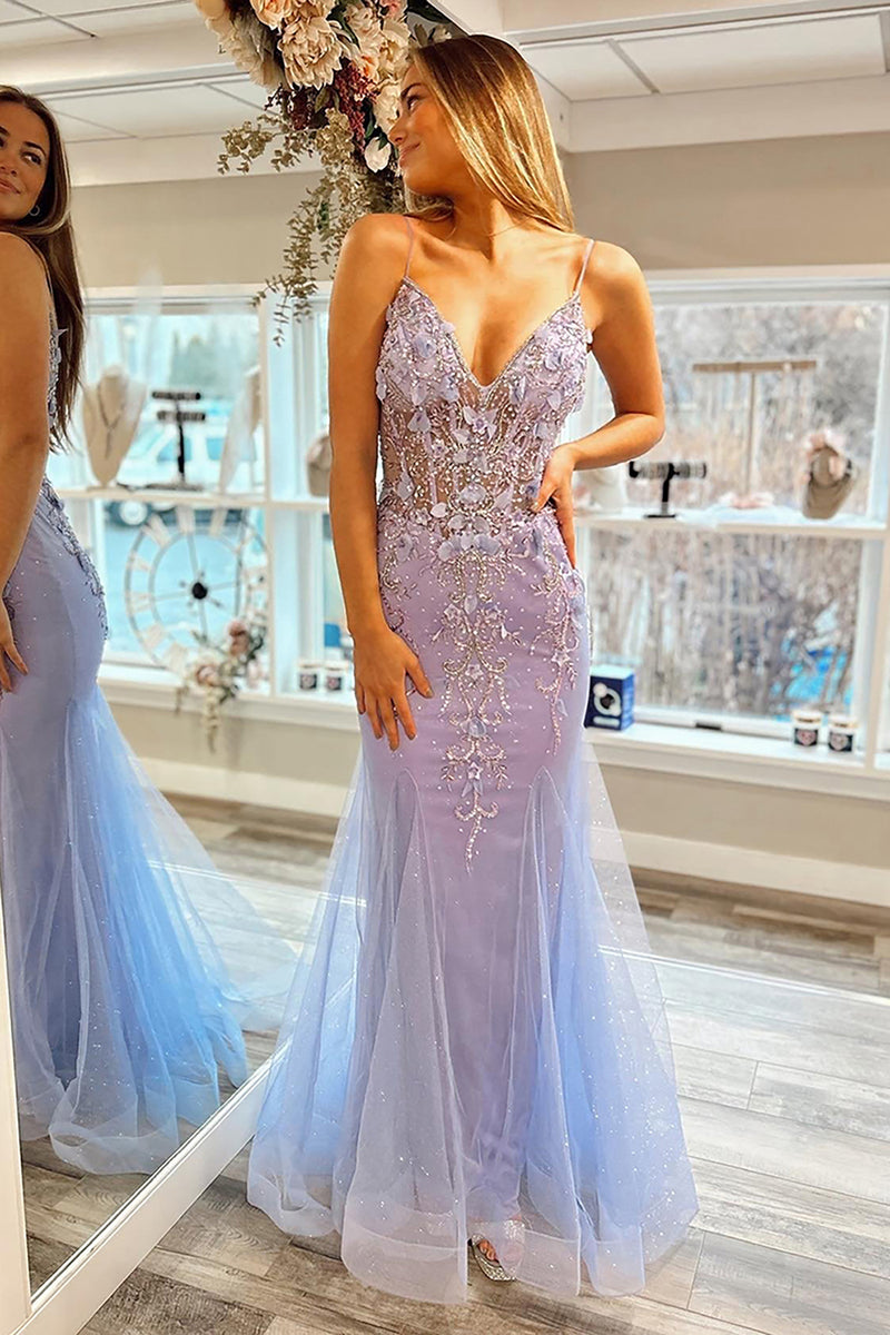 Load image into Gallery viewer, Mermaid Spaghetti Straps Lilac Corset Prom Dress with Beading